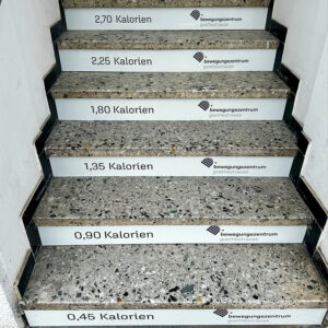 Bild der Treppe im Eingangsaufgang zum Bewegungszentrum Goethestrasse mit der Bedruckung der einzelenen Stufenkästen mit den aufsteigenden Zahlen der verbrauchten Kalorienzahlen pro Stufe.